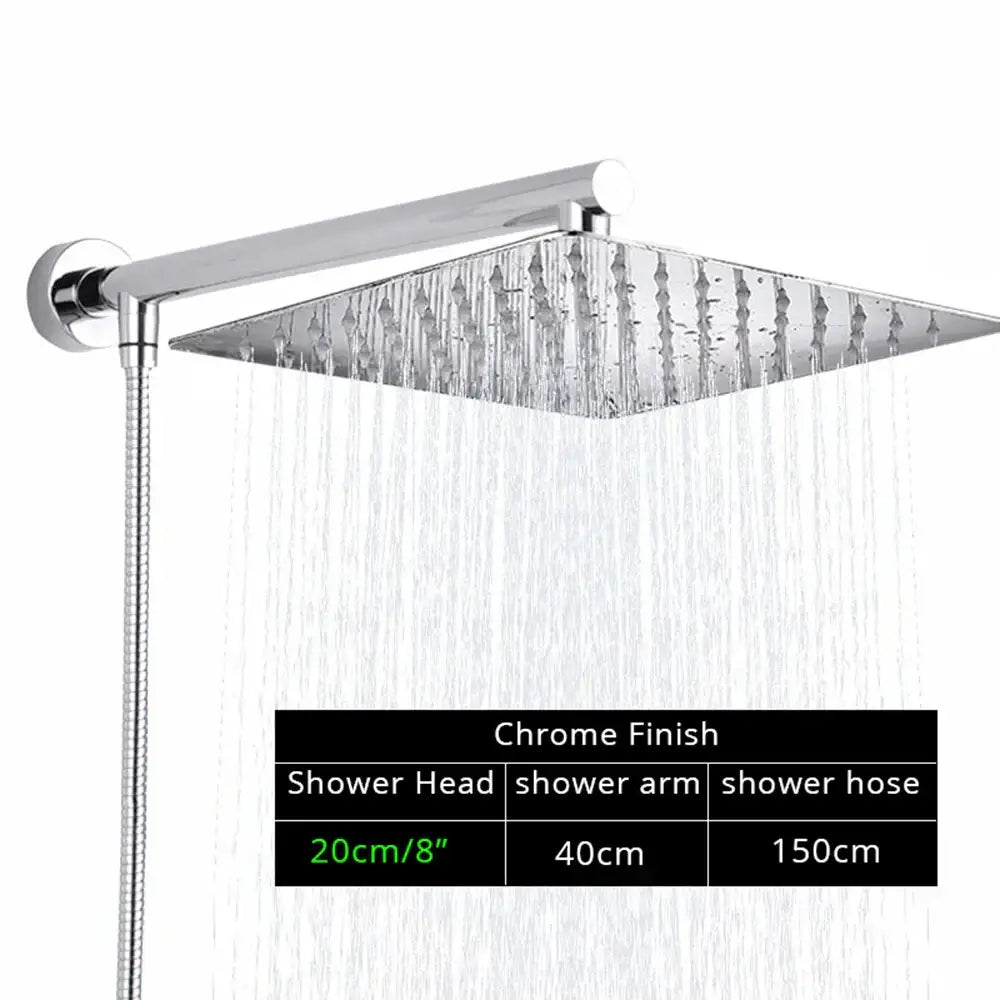 Modern square chrome rainfall shower head with arm and flexible hose in decorbites bright chrome finish for bathroom use
