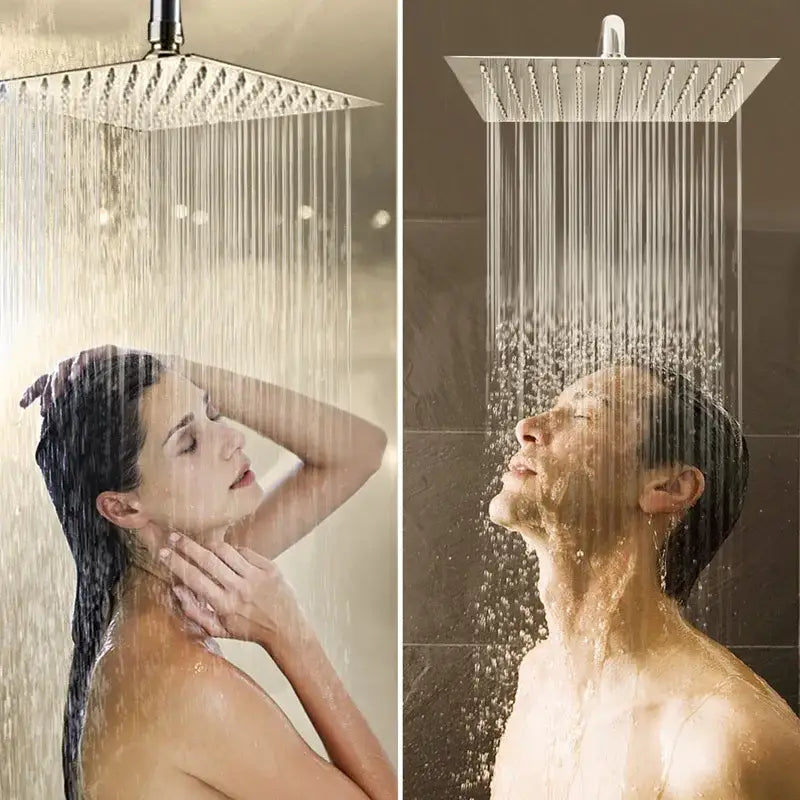 Modern square chrome rainfall shower head with arm and hose featuring chrome-finished nozzles from decorbites bright chrome