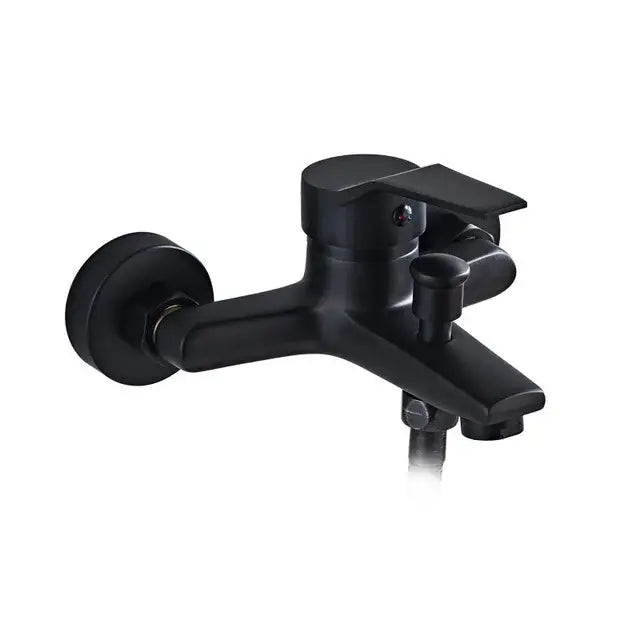 Modern square chrome rainfall shower head with arm and hose complements black matte wall-mounted bathtub faucet decorbites bright chrome