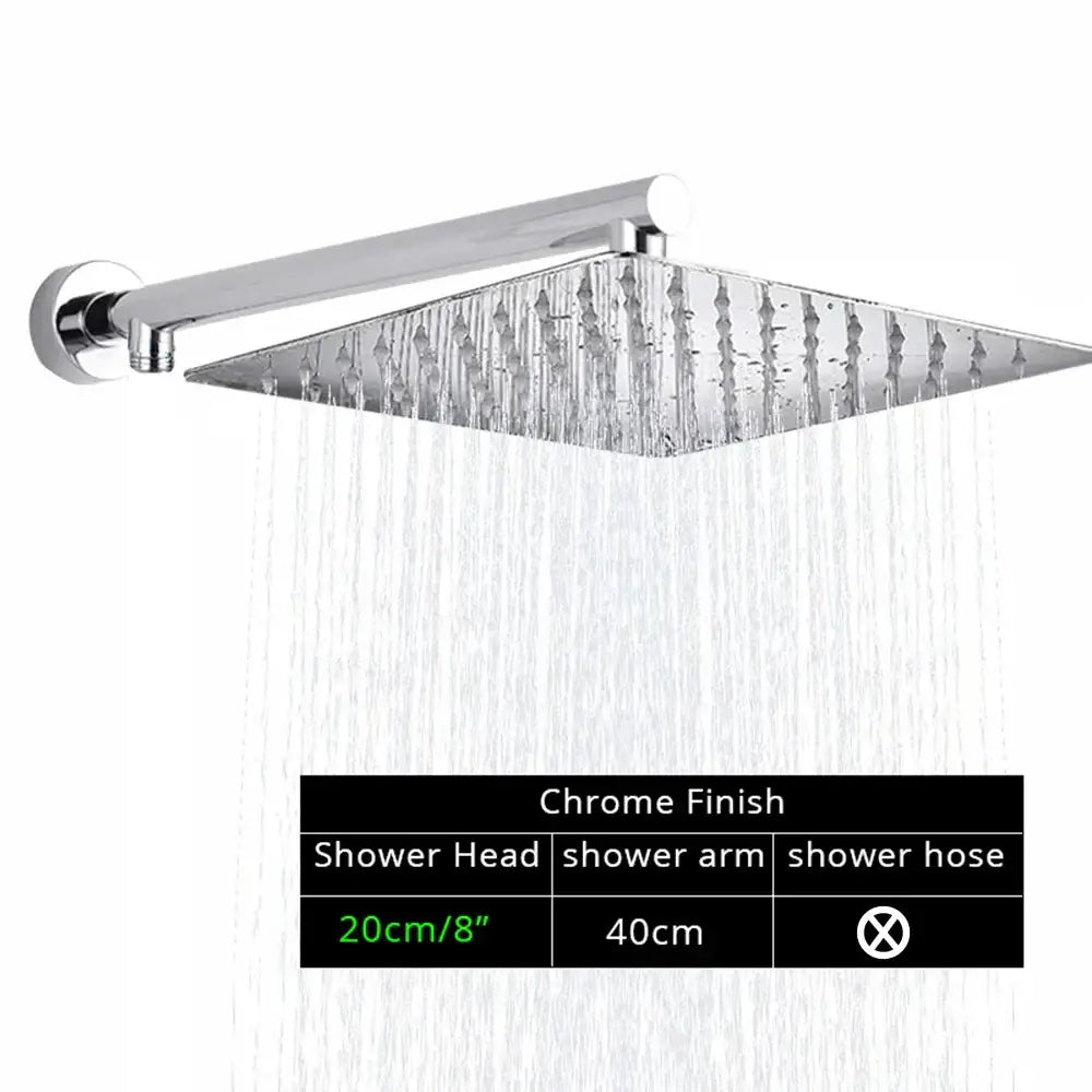 Modern square chrome rainfall shower head with arm and hose in decorbites bright chrome finish 20cm size