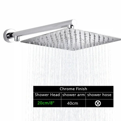 Modern square chrome rainfall shower head with arm and hose in decorbites bright chrome finish 20cm size