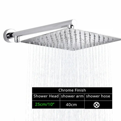 Modern square chrome rainfall shower head with decorbites bright chrome finish 25cm sleek shower head design
