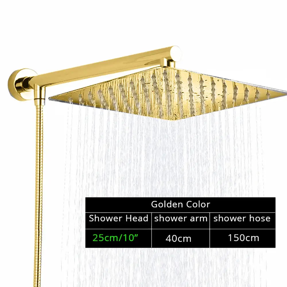 Modern square chrome rainfall shower head with arm and hose featuring decorbites bright chrome and water flow