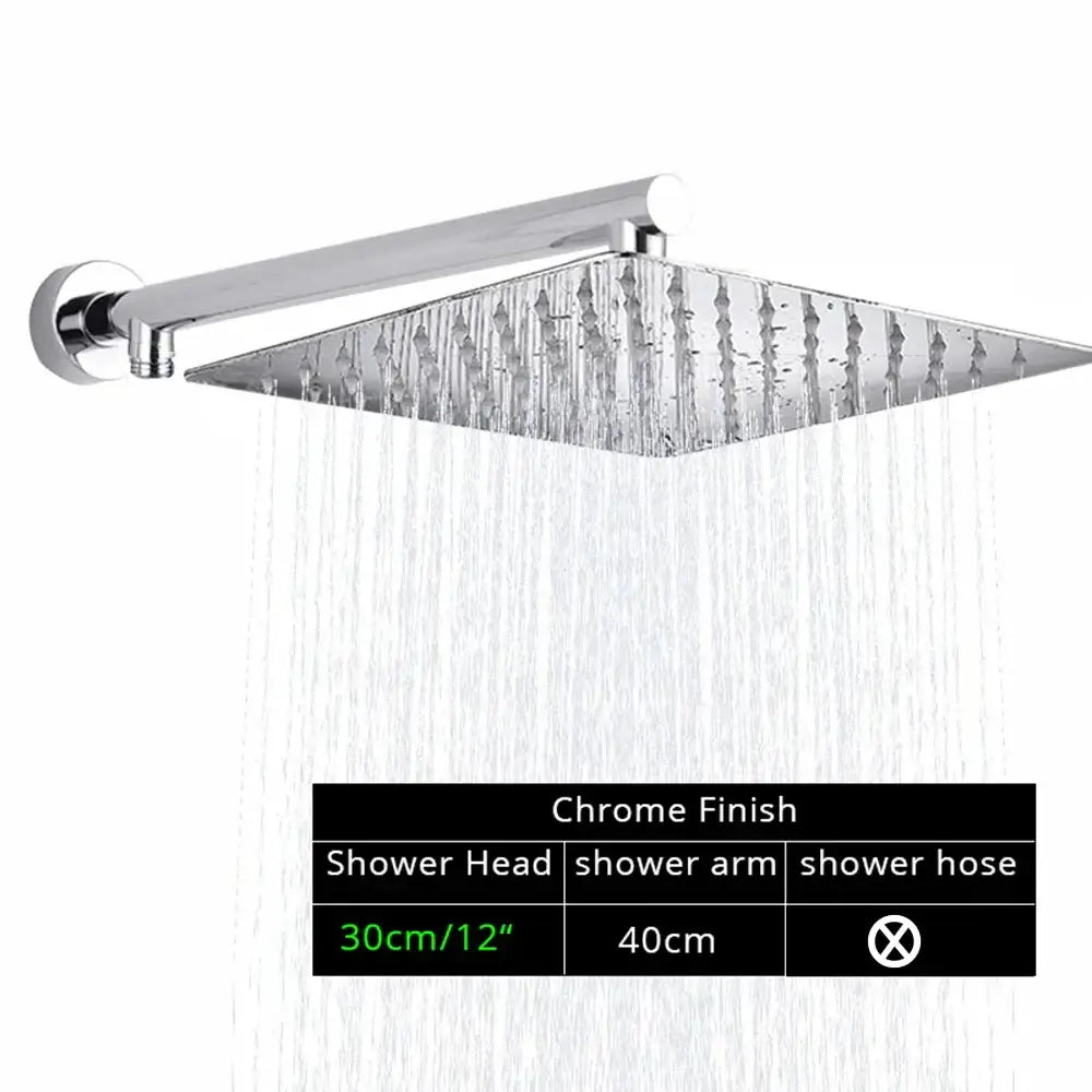 Modern square chrome rainfall shower head with arm and hose featuring decorbites bright chrome finish and multiple jets