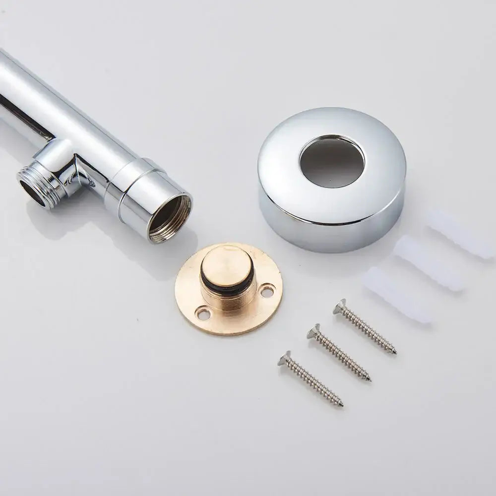 Modern square chrome rainfall shower head with brass base and decorbites bright chrome mounting hardware