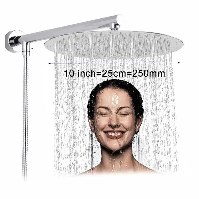 A sleek round chrome shower head with 10 inch diameter and flexible hose from decorbites bright chrome collection