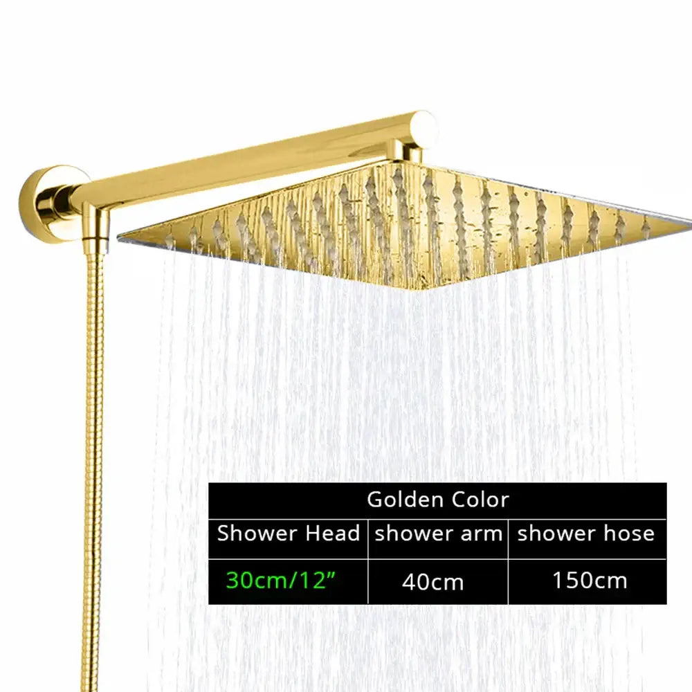 Modern square golden shower head with adjustable arm featuring decorbites bright chrome sleek design for bathroom use
