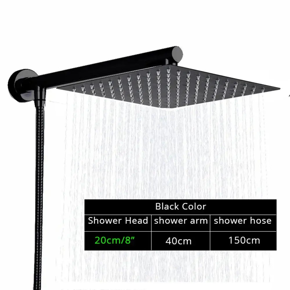 Modern square chrome rainfall shower head with arm and hose featuring a sleek black design and multiple water jets by decorbites bright chrome