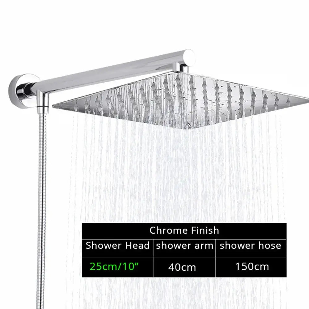 Modern square chrome shower head with arm and flexible hose featuring decorbites bright chrome finish for bathroom use