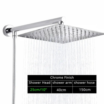 Modern square chrome shower head with arm and flexible hose featuring decorbites bright chrome finish for bathroom use