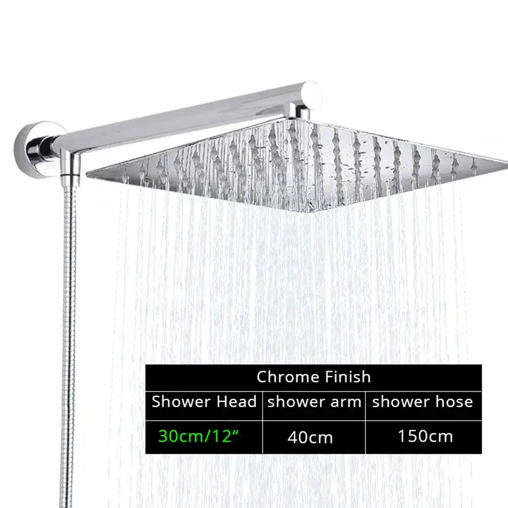 Modern square chrome rainfall shower head with arm and integrated flexible hose by decorbites bright chrome