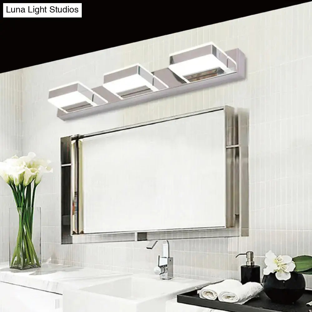 Modern square chrome stainless steel led vanity light with three sleek rectangular fixtures for long lasting bathroom use