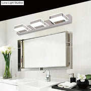 Modern square chrome stainless steel led vanity light with three sleek rectangular fixtures for long lasting bathroom use