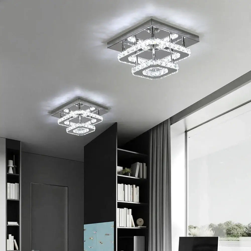 Modern square crystal ceiling chandelier with layered crystal rings and chrome finish for dining room decorbites crystal ceiling