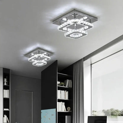 Modern square crystal ceiling chandelier with layered crystal rings and chrome finish for dining room decorbites crystal ceiling