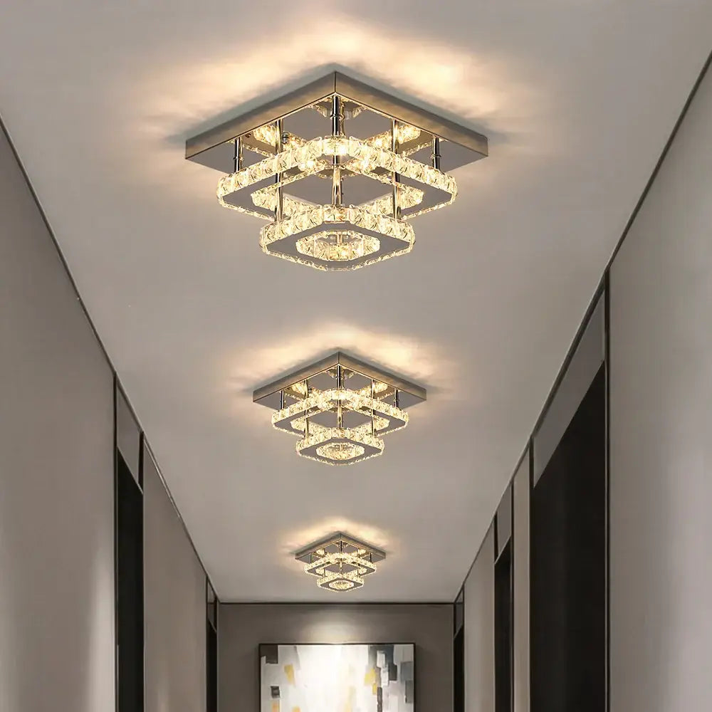 Modern square crystal ceiling chandelier with layered crystal rings and sleek metallic frame for dining room decorbites crystal ceiling