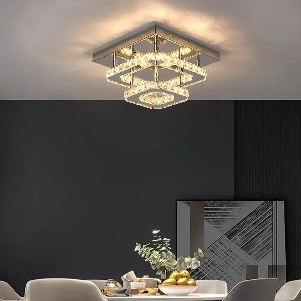Modern square crystal ceiling chandelier with layered crystal rings and metallic frame for dining room decorbites crystal ceiling