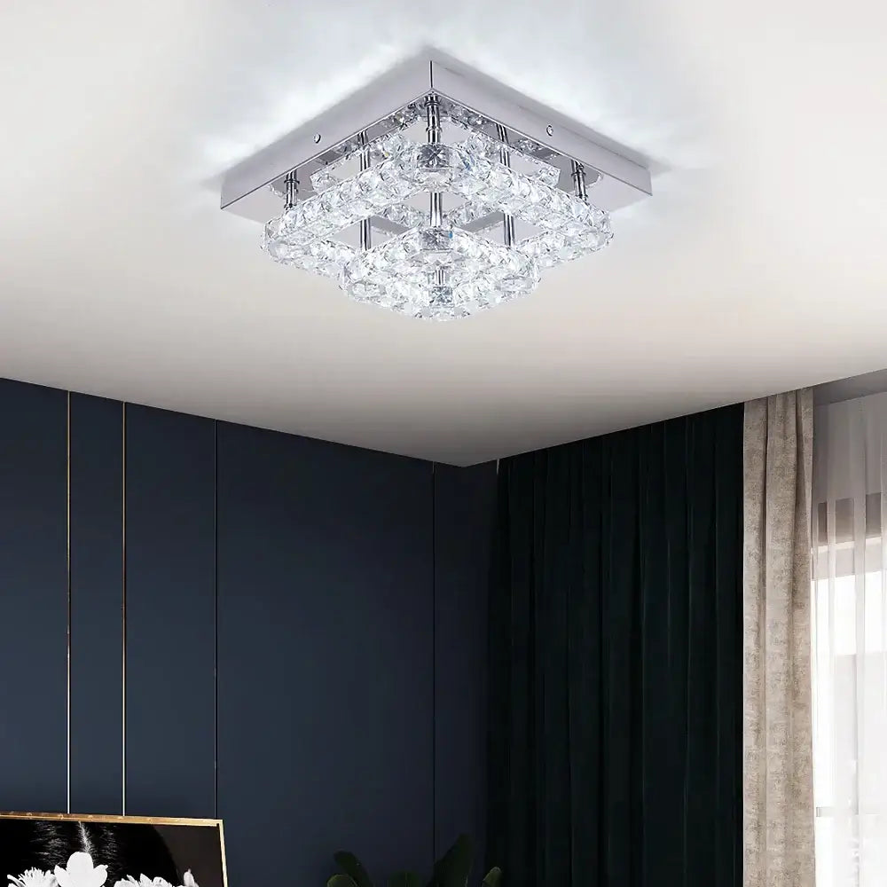 Modern square crystal flush mount ceiling light with chrome finish and layered faceted glass for kitchen lighting