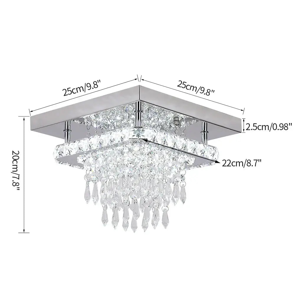 Modern square crystal flush mount ceiling light with chrome finish and cascading clear teardrop crystals for kitchen