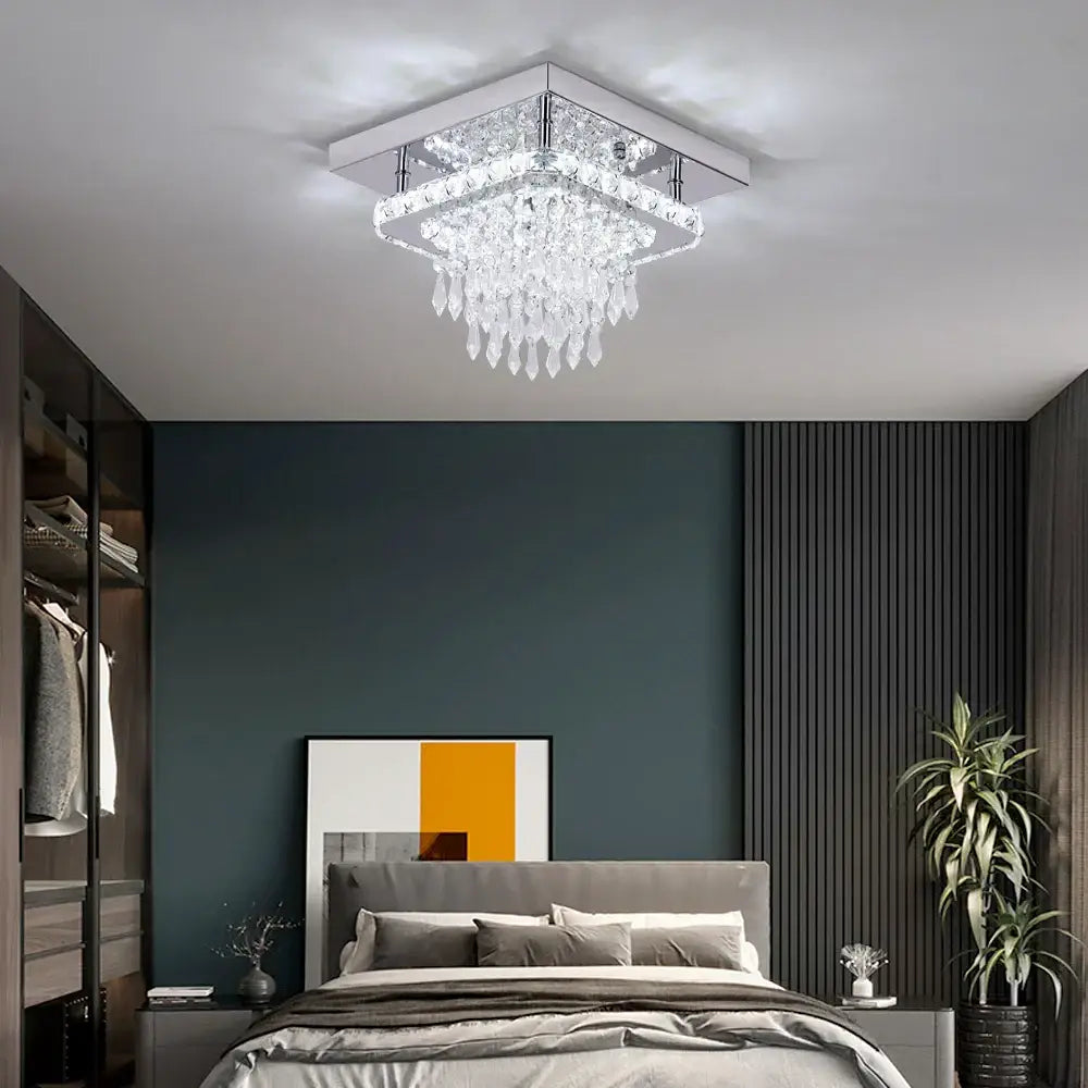 Modern square crystal flush mount ceiling light with sleek chrome frame and clear glass prisms for kitchen use
