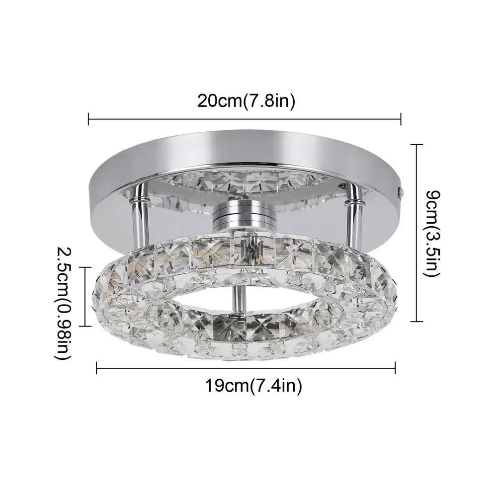 Modern square chrome flush mount ceiling light with two concentric crystal rings and central led bulb for kitchen use