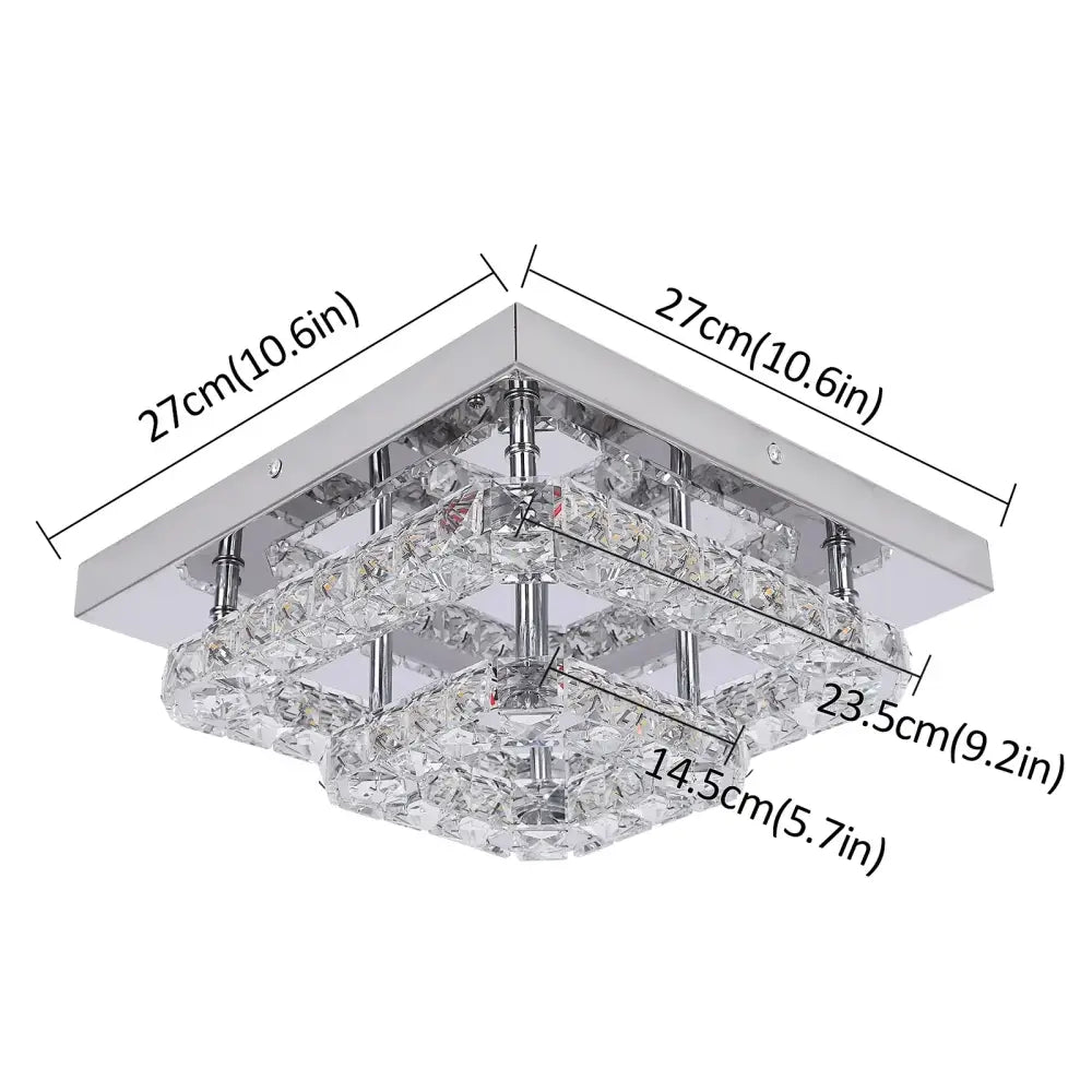 Modern square crystal flush mount ceiling light with layered crystal tiers and chrome accents for kitchen use