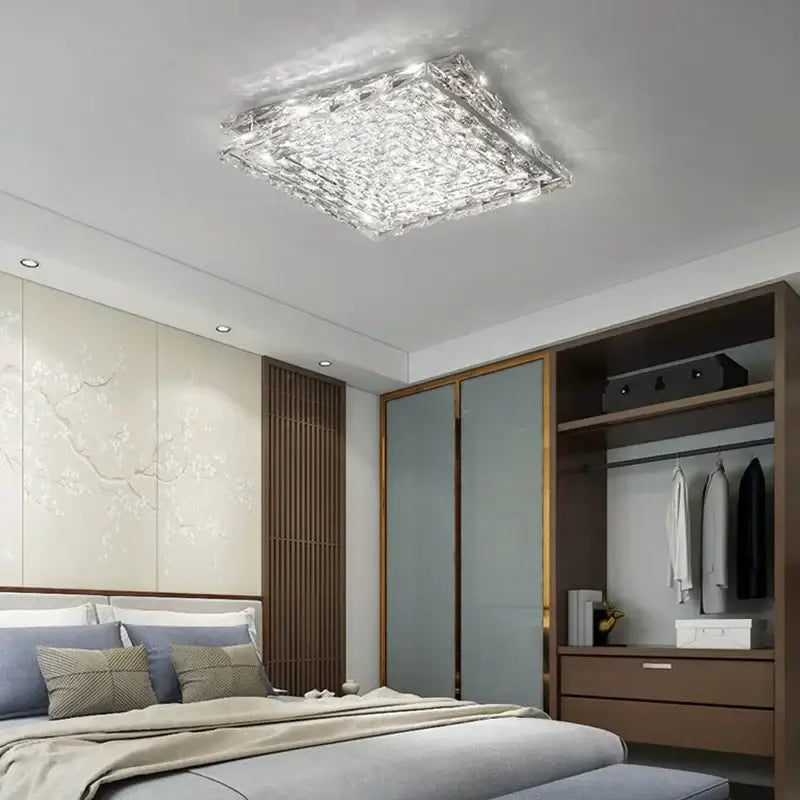 Modern square crystal led ceiling light fixture with silver chrome finish and faceted design for bedroom use
