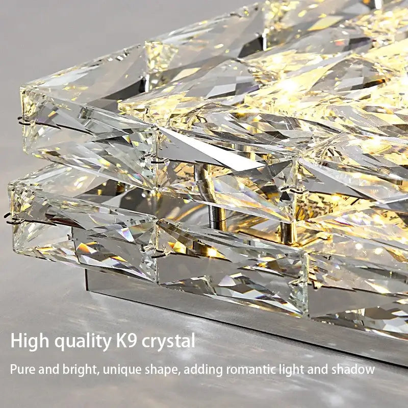 Modern square crystal led ceiling light with layered faceted k9 crystals in silver and chrome for bedroom use