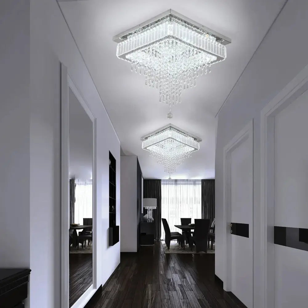 Modern square crystal led pendant chandelier with clear glass crystals and metallic accents for dining room decorbites crystal led