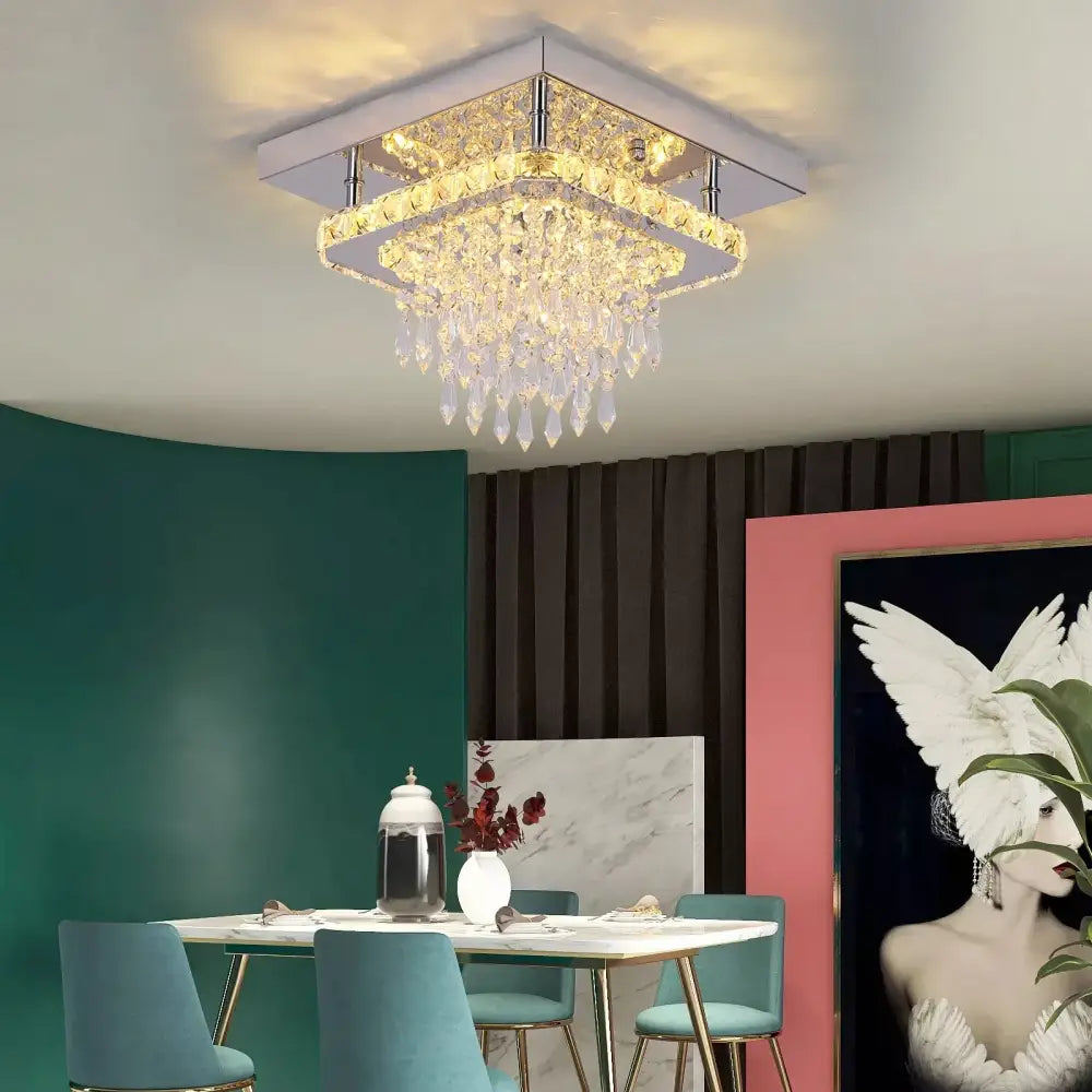 Modern square crystal led pendant chandelier with clear faceted crystals and chrome accents for dining room decorbites crystal led