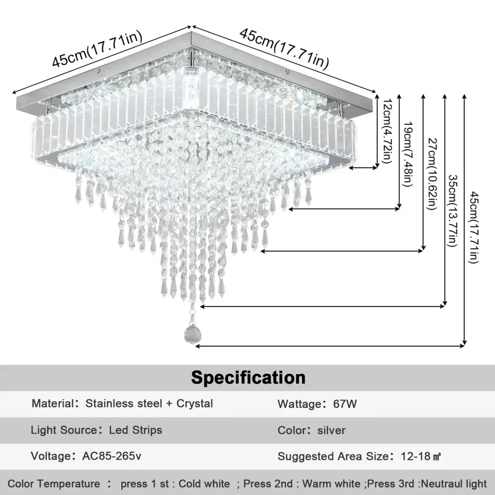 Modern square crystal led pendant chandelier in silver with stainless steel and cascading crystal droplets for dining room decorbites crystal led