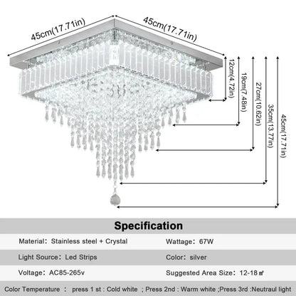 Modern square crystal led pendant chandelier in silver with stainless steel and cascading crystal droplets for dining room decorbites crystal led