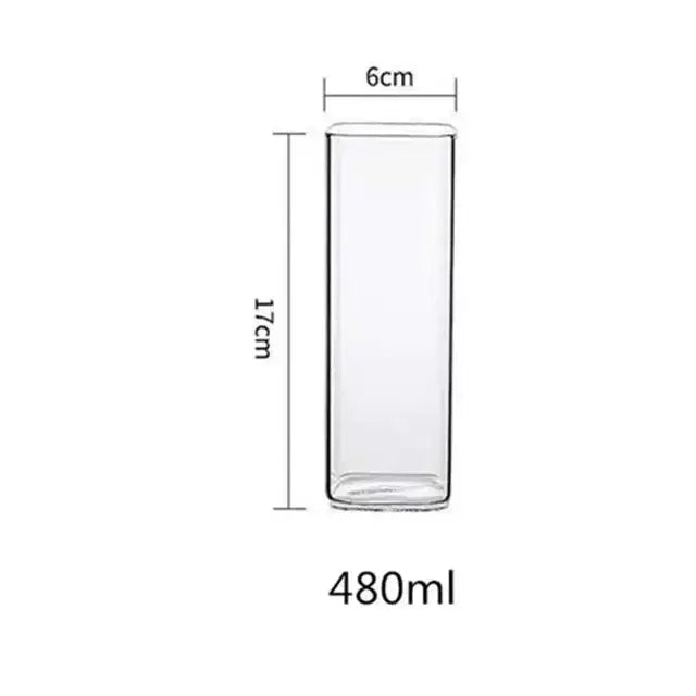 Modern clear glass coffee tea mug with rectangular shape 17cm tall 6cm wide and 480ml capacity without handle