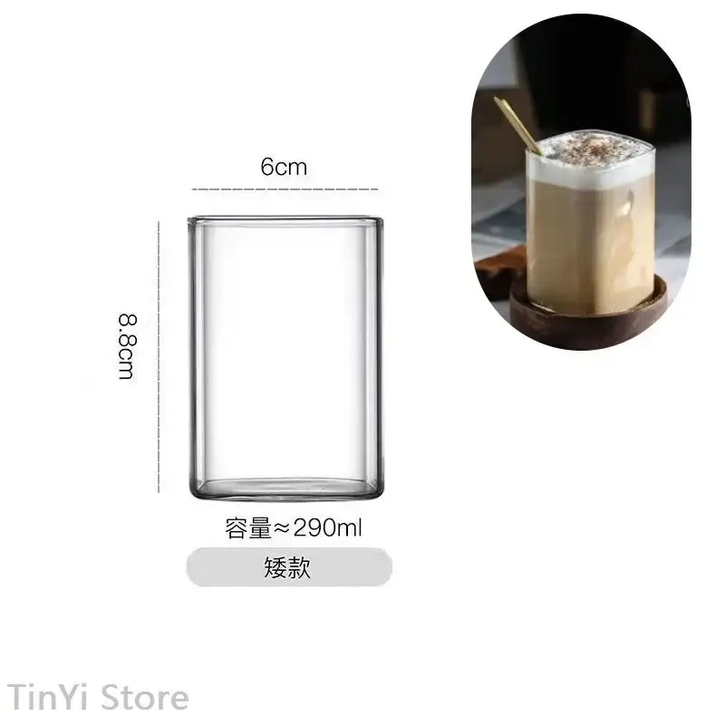 Modern clear double-walled glass coffee tea mug 6cm wide 8.8cm tall with tea mug handle and 290ml capacity