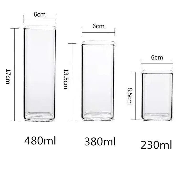 Three clear rectangular glass storage jars in varying sizes for modern glass coffee tea and coffee tea mug use