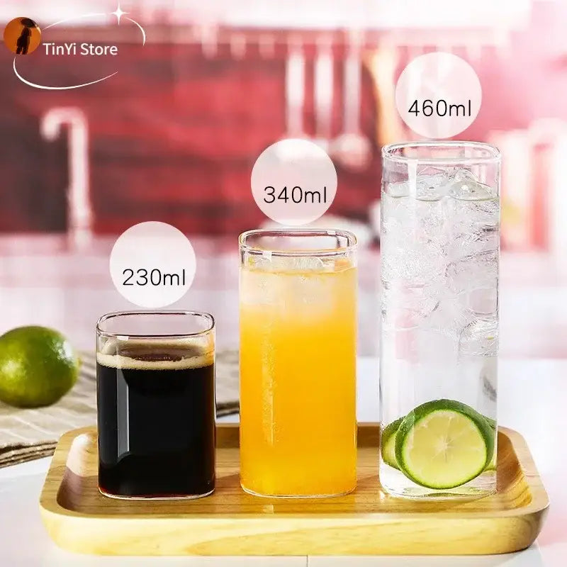 Three clear glass coffee tea tumblers with ice labeled 230ml 340ml and 460ml in modern square glass coffee tea mug set