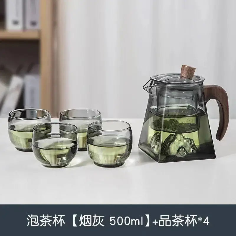 Modern square glass tea pot with dark gray tint wooden handle lid knob and mountain infuser for kitchen use