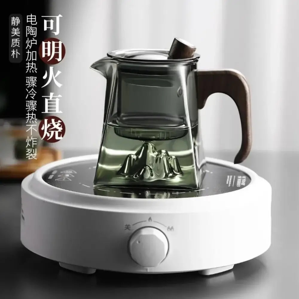 Modern square glass tea pot with wooden handle and mountain-shaped infuser for elegant tea brewing