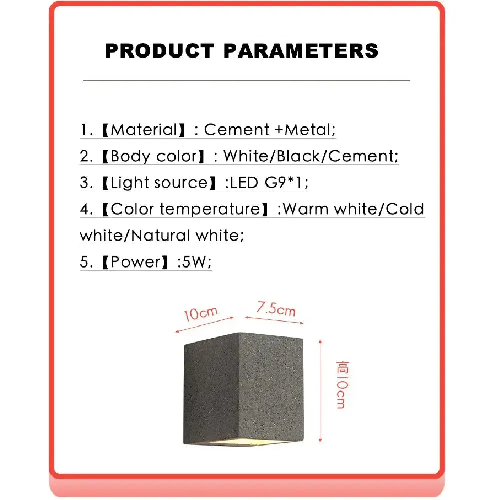 Dark gray textured cement wall lamp with metal outdoor sconce in a modern square design for decorbites cement wall lamp