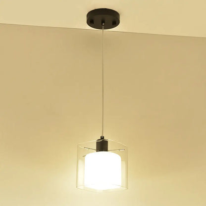 Modern Square Hanging Black Pendant Light Fixture with Clear and White Glass