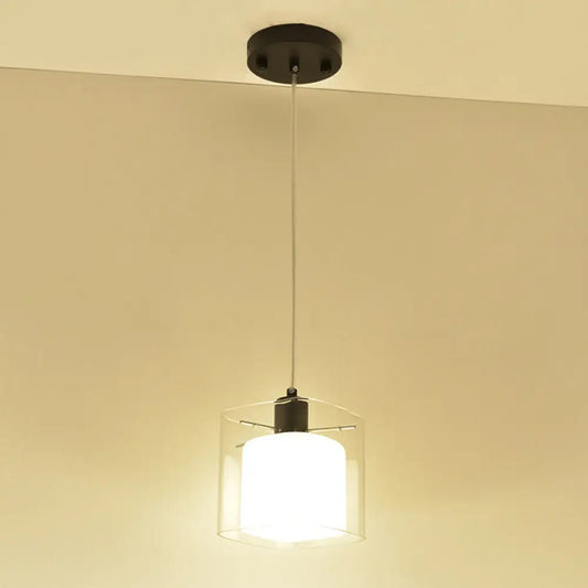 Modern Square Hanging Black Pendant Light Fixture with Clear and White Glass