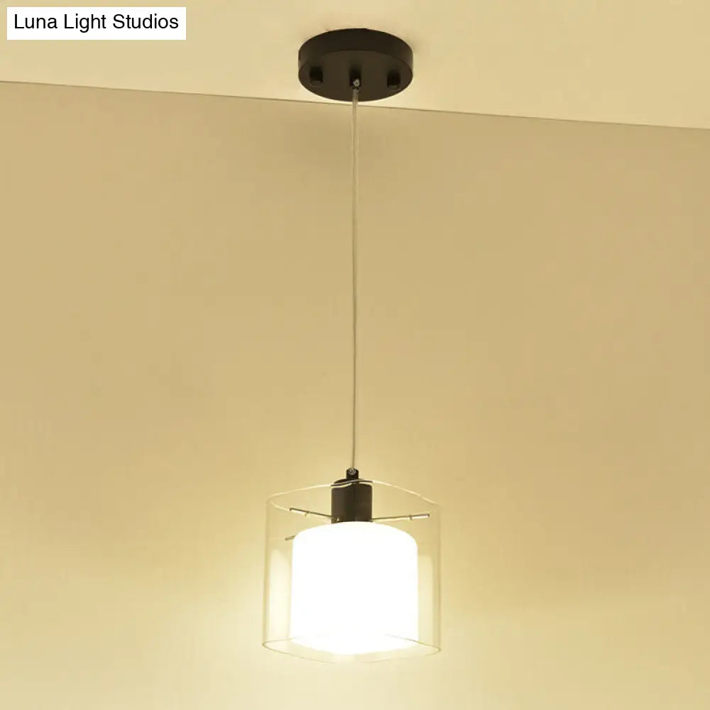 Modern Square Hanging Black Pendant Light Fixture with Clear and White Glass