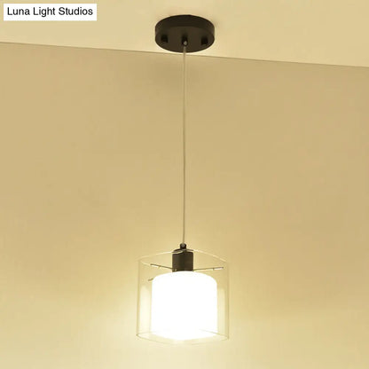 Modern Square Hanging Black Pendant Light Fixture with Clear and White Glass