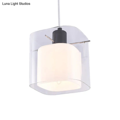 Modern Square Hanging Black Pendant Light Fixture with Clear and White Glass