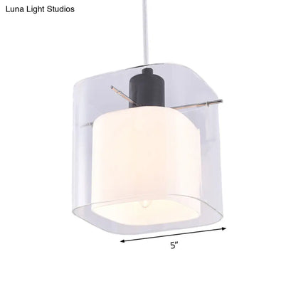 Modern Square Hanging Black Pendant Light Fixture with Clear and White Glass