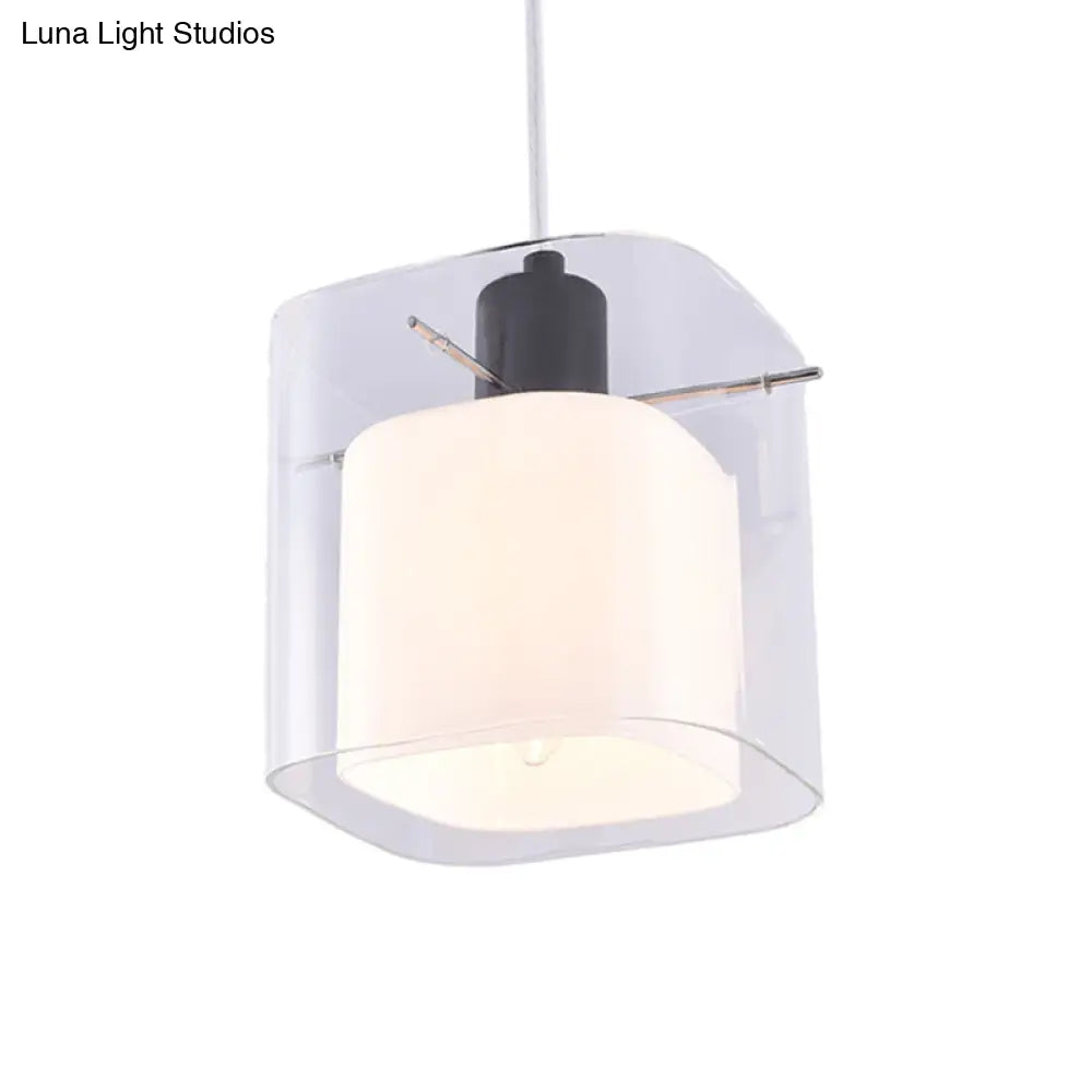 Modern Square Hanging Black Pendant Light Fixture with Clear and White Glass