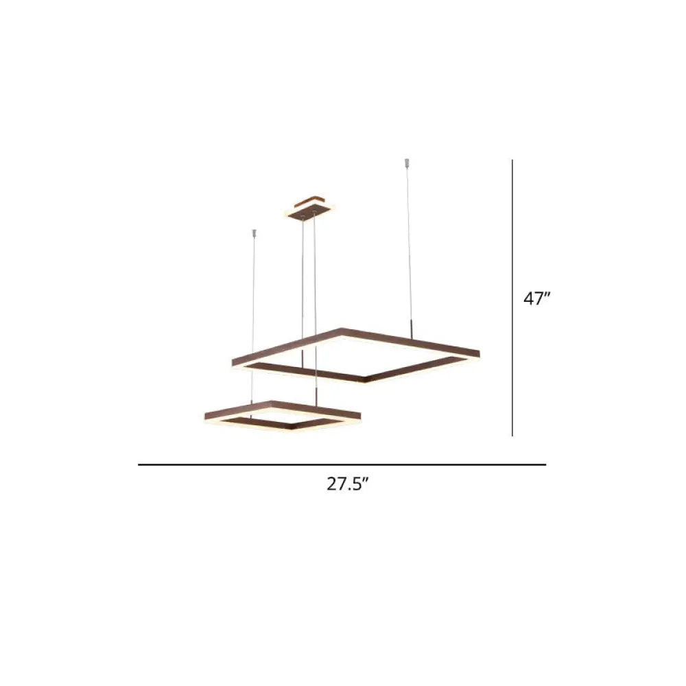 Modern Square LED Ceiling Light: 2-Light Aluminum Chandelier in Coffee Finish for Dining Room