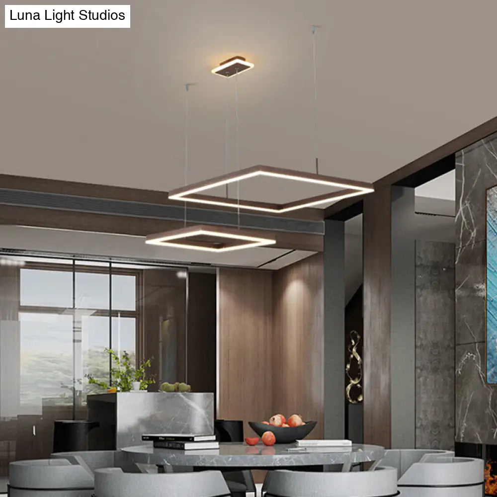 Modern Square LED Ceiling Light: 2-Light Aluminum Chandelier in Coffee Finish for Dining Room