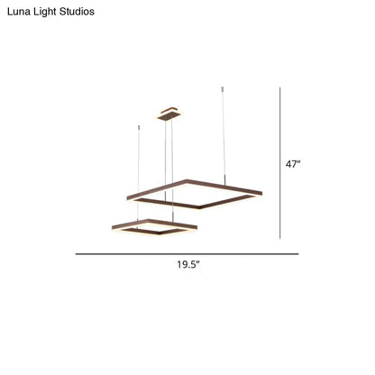 Modern Square LED Ceiling Light: 2-Light Aluminum Chandelier in Coffee Finish for Dining Room
