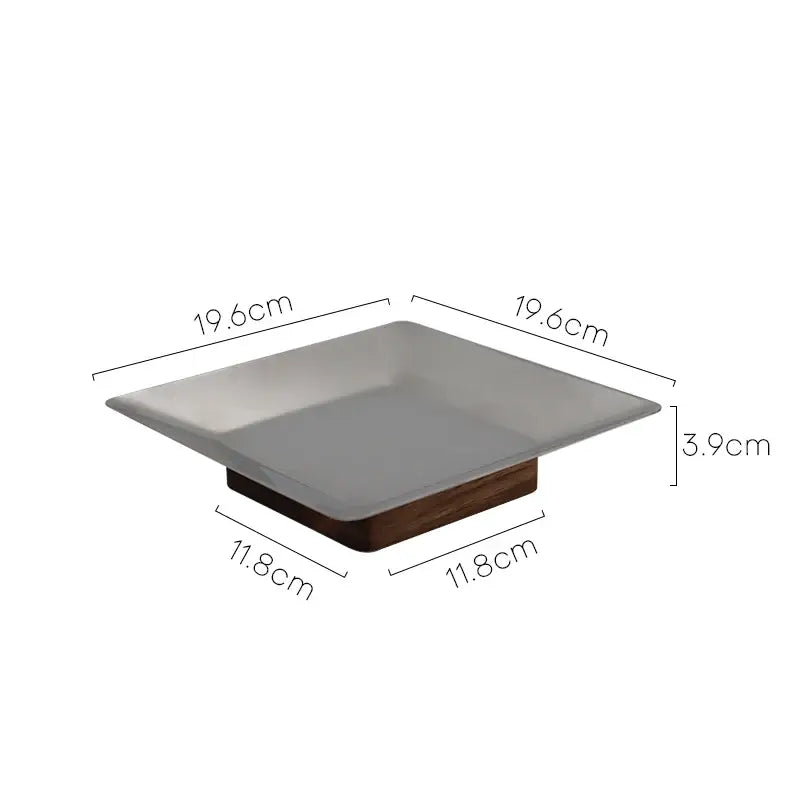 Modern square ceramic soap dish with matte gray finish and dark wood base suitable as a fruit bowl tray